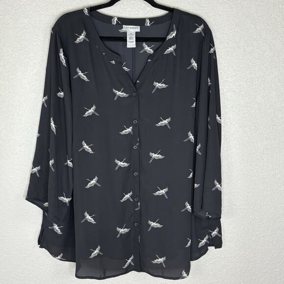 Catherines Top 3X Black Crane Print Roll Tab Sleeve Semi Sheer Button Up Tunic - Picture 3 of 6